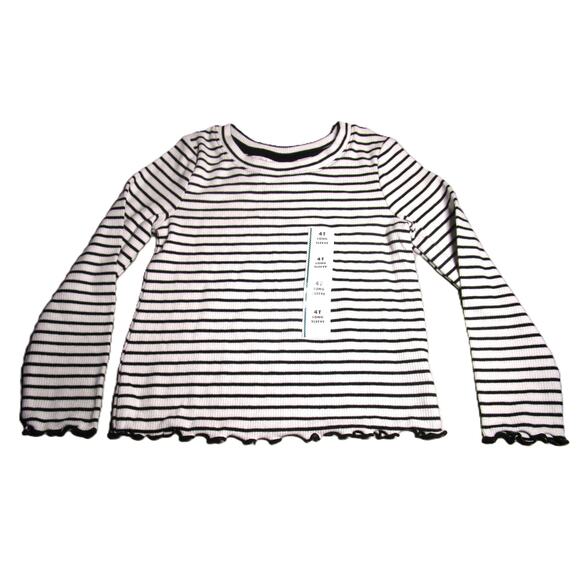 Cat & Jack Toddler Girl's Top Size 4T Black White Striped Ruffle Hem Cuffs - Picture 1 of 8